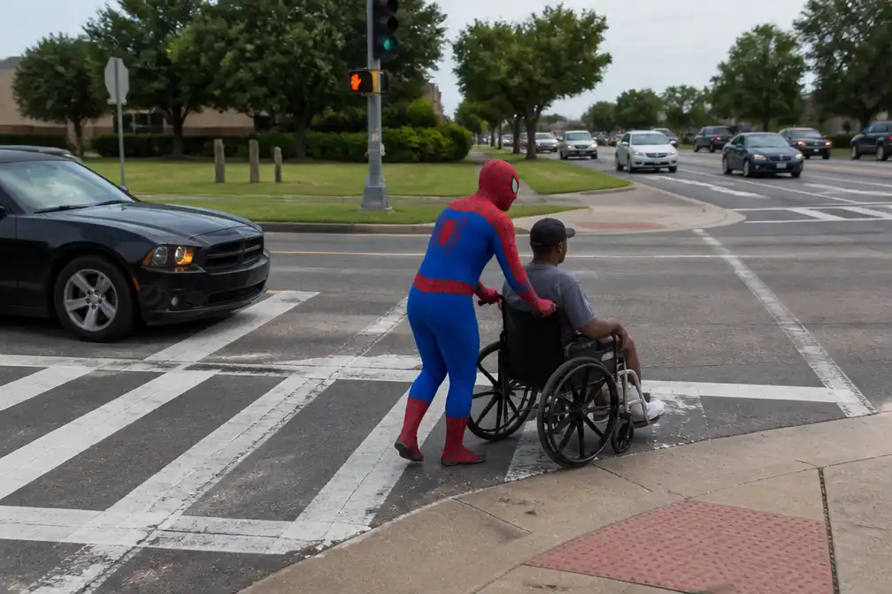 Automobilist in Spiderman-pak helpt rolstoelgebruiker oversteken in Arkansas